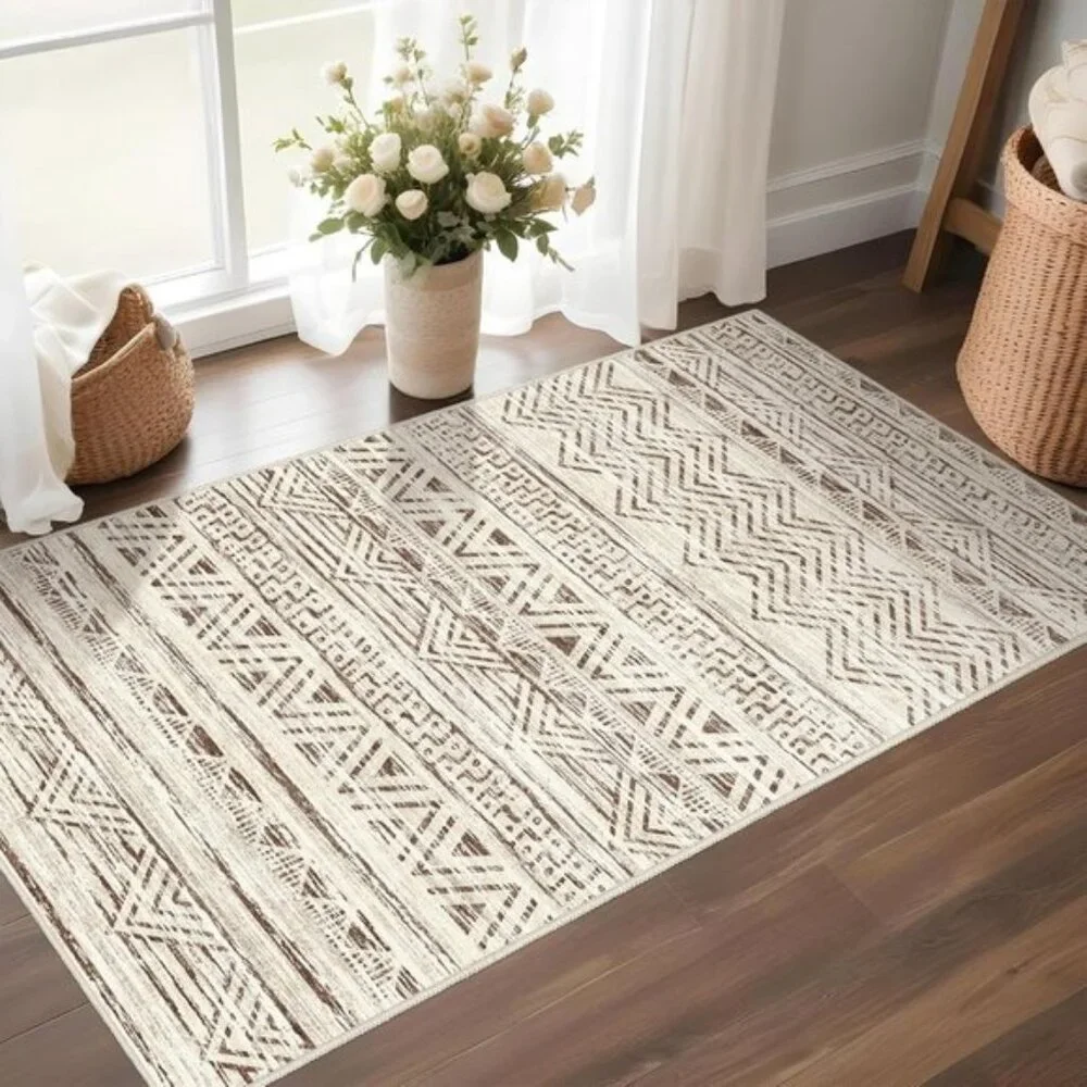 2x3 Moroccan Entryway Rug, Soft Washable Non-Slip Farmhouse Carpet, Beige/White